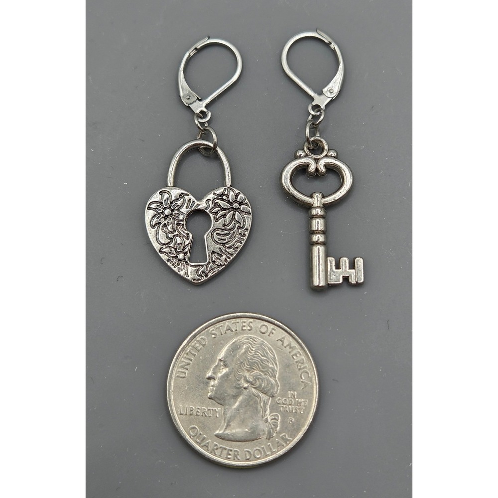 Handmade Earrings Silver Tone Whimsical Heart Lock and Key Hypoallergenic - Picture 7 of 7